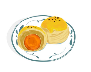 Shanghai mooncake with salt egg yolk on white plate. Isolated plate of mooncake whole and half on white background. Hand drawing vector illustration. Asian food, mid autumn festival.  