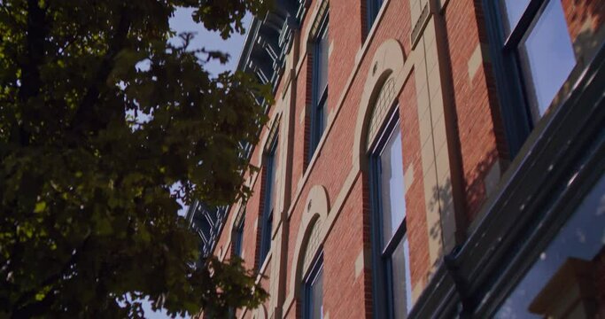 Gimbal shot of a brick building in downtown Fort Collins, Colorado
