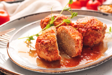 Plate with delicious meatballs on table, closeup