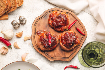 Delicious minced meat boats and ingredients on light background