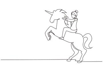 Single one line drawing businesswoman riding unicorn symbol of success. Business startup concept, looking at the goal, achievement, leadership. Continuous line draw design graphic vector illustration