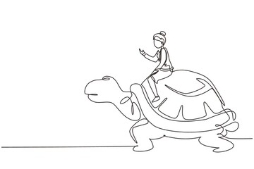 Continuous one line drawing businesswoman riding huge turtle. Slow movement to success, manager driving giant tortoise. Business competition concept. Single line design vector graphic illustration