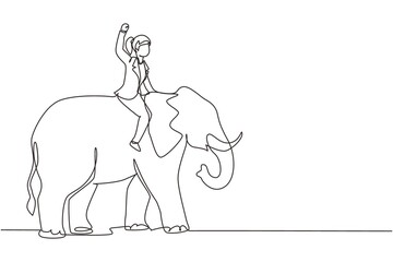 Continuous one line drawing businesswoman riding elephant symbol of success. Business metaphor concept, looking at goal, achievement, leadership. Single line draw design vector graphic illustration