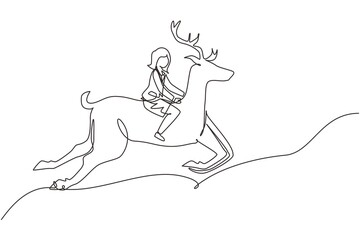 Single continuous line drawing businesswoman riding deer. Investment, bullish stock market trading, rising bonds trend. Successful business woman trader. Dynamic one line draw graphic design vector