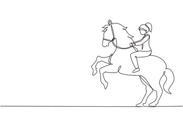 Continuous one line drawing businesswoman riding horse symbol of success. Business metaphor concept, looking at the goal, achievement, leadership. Single line draw design vector graphic illustration