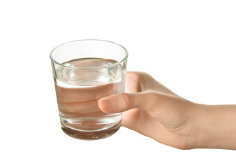 Female hand with glass of water on white background