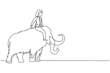 Continuous one line drawing businesswoman riding huge dangerous mammoth. Professional entrepreneur female character. Successful business woman. Single line draw design vector graphic illustration