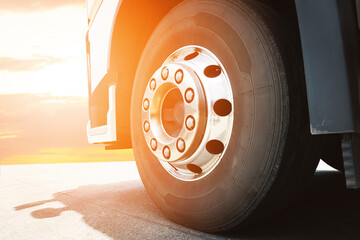 Close up, Front of a Truck Wheels with Sunlight. Industry Freight Truck Transportation.
