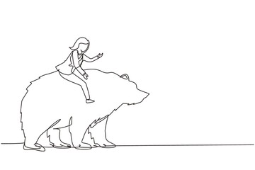 Fototapeta na wymiar Single continuous line drawing businesswoman rides on bear in stock market trading concept. stock market analysis, business and investment, stock exchange. Dynamic one line draw graphic design vector