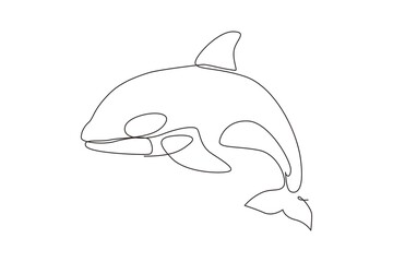 Single continuous line drawing whale killer orca in water. Wild whale killer fish animal mascot for aquatic swimming pool. Orca in under ocean water. One line draw graphic design vector illustration - obrazy, fototapety, plakaty