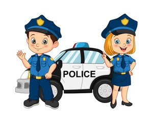 Cartoon police kids standing near the police car