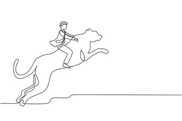 Single one line drawing businessman riding cheetah symbol of success. Business metaphor concept, looking at the goal, achievement, leadership. Continuous line draw design graphic vector illustration