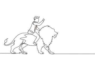 Continuous one line drawing businessman riding lion symbol of success. Business metaphor concept, looking at goal, achievement, leadership. Professional entrepreneur. Single line draw design vector