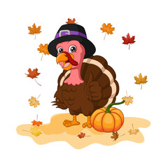 Cartoon happy turkey with autumn leaves and pumpkin