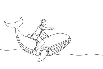 Single one line drawing brave businessman riding huge dangerous blue whale. Professional entrepreneur male character. Successful business man. Continuous line draw design graphic vector illustration