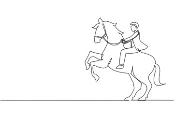 Fototapeta na wymiar Single continuous line drawing businessman riding horse symbol of success. Business metaphor concept, looking at the goal, achievement, leadership. One line draw graphic design vector illustration