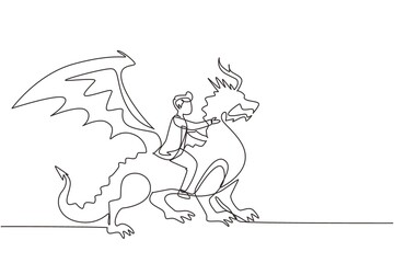 Single continuous line drawing businessman riding dragon. Conquering adversity, courage, victory, leadership in business. Professional entrepreneur. One line draw graphic design vector illustration