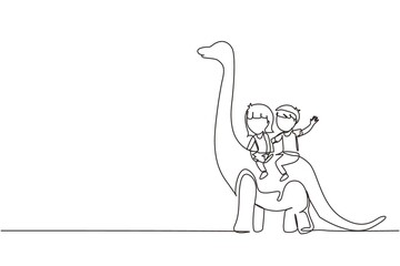 Single continuous line drawing little boy and girl caveman riding brontosaurus together. Kids sitting on back of dinosaur. Ancient human life concept. One line draw graphic design vector illustration © Simple Line