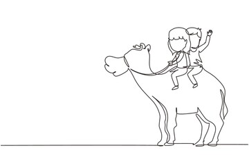 Single one line drawing happy little boy and girl riding camel together. Children sitting on hump camel with saddle in desert. Kids learning to ride camel. Continuous line draw design graphic vector