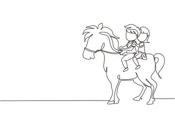 Fototapeta na wymiar Single continuous line drawing happy cute boy and girl riding horse together. Children sitting on back horse with saddle in ranch park. Kids learning to ride horse. One line draw graphic design vector