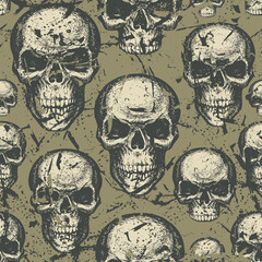 Seamless pattern with hand-drawn human skulls on a khaki backdrop in grunge style. Scary vector background with sinister skulls. Graphic print for clothing, fabric, wallpaper, wrapping paper