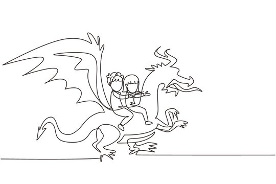 Single one line drawing happy little boy and girl flying with fantasy dragon together. Children fly and sitting on back dragon at the sky. Kids imaginary fairytale. Continuous line draw design vector