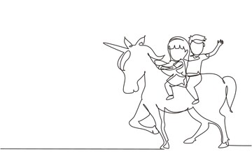 Fototapeta na wymiar Single continuous line drawing happy cute boy and girl riding cute unicorn together. Children sitting on back unicorn in fairy tale dream. Kids learning to ride unicorn. One line draw graphic vector