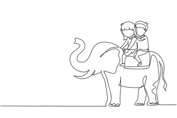 Single continuous line drawing happy little boy and girl riding elephant together. Children sitting on back elephant and travelling. Kids learning to ride elephant. One line draw graphic design vector