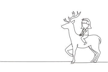 Single continuous line drawing happy little girl riding deer. Child sitting on back deer with saddle in ranch ground. Kids learning to ride reindeer. One line draw graphic design vector illustration