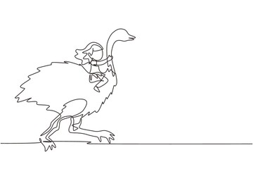 Fototapeta premium Continuous one line drawing happy little girl riding ostrich. Child sitting on back ostrich with holding its neck. Kid learning to ride ostrich. Single line draw design vector graphic illustration