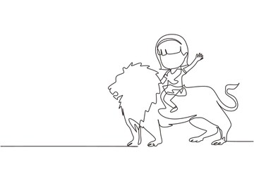 Single one line drawing happy little girl riding lion. Child sitting on back big lion at circus event. Kid learning to ride beast animal. Modern continuous line draw design graphic vector illustration
