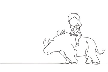 Single one line drawing happy girl riding rhino rhinoceros. Child sitting on back rhinoceros in zoo. Kids learning to ride rhinoceros. Modern continuous line draw design graphic vector illustration