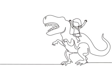 Single continuous line drawing girl caveman riding t-rex tyrannosaurus. Young kid sitting on back of dinosaur. Stone age children. Ancient human life. One line draw graphic design vector illustration