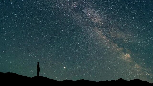 The man stand on a starry sky background. timelapse