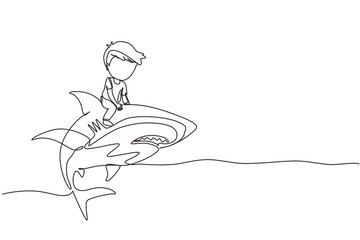 Continuous one line drawing little boy riding inflatable shark. Young kid sitting on back shark in swimming pool. Shark ocean fish in deep water. Single line draw design vector graphic illustration