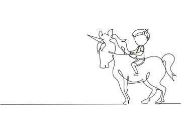 Fototapeta na wymiar Continuous one line drawing happy cute boy riding cute unicorn. Child sitting on back unicorn in fairy tale dream. Kids learning to ride unicorn. Single line draw design vector graphic illustration