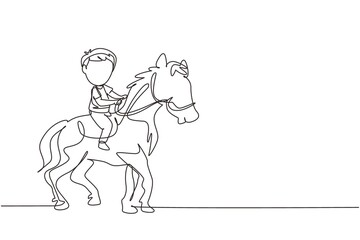Single continuous line drawing happy cute boy riding cute horse. Child sitting on back horse with saddle in ranch park. Kids learning to ride horse. One line draw graphic design vector illustration