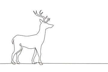 Single continuous line drawing forest wild deer. Standing wild reindeer for national park logo. Elegant mammal animal mascot for nature conservation. One line draw graphic design vector illustration