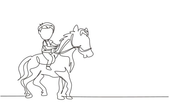 recommend clip art: Single continuous line drawing happy cute boy riding cute horse. Child sitting on back horse with saddle in ranch park. Kids learning to ride horse. One line draw graphic design vector illustration