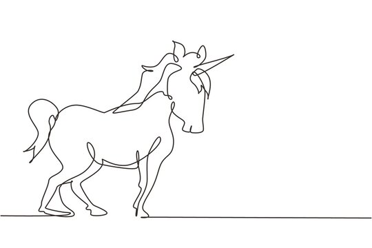 Continuous one line drawing Unicorn. Magic cute unicorn. Black jumping fictional fairy animal. Magical unicorn running on wind. Childhood fantasy. Single line draw design vector graphic illustration