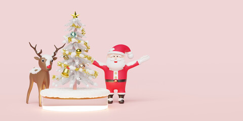Santa claus with christmas tree,reindeer,cylinder stage podium,space isolated on pink background.website,poster or Happiness cards,festive New Year concept,3d illustration or 3d render