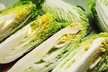 Fresh cut chinese cabbage on table, closeup