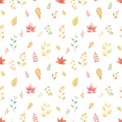 Watercolor colorful fall leaves autumn seamless pattern isolated on white background. Perfect for wrapping paper, covers, wallpaper.