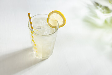 Lemon juice in soft light elegant white kitchen with green shadow of leaves in sunny day - lemonade in glass with straw, ice cubes, yellow lemon slice. - obrazy, fototapety, plakaty