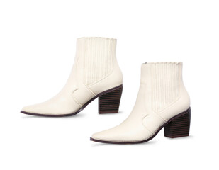 Pair of stylish female shoes on white background