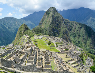 View of Machu Picchu, high in the Andes Mountains in Peru