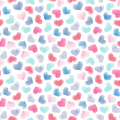Beautiful autotraced vector seamless pattern with gentle watercolor hand drawn purple pink blue hearts. Stock illustration.