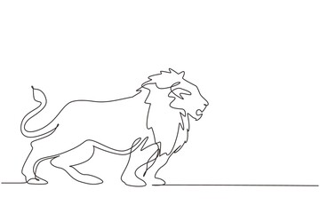 Single continuous line drawing strong lion standing full body, king of the jungle. Strong feline mammal mascot. Dangerous big cat animal logo. Dynamic one line draw graphic design vector illustration