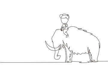 Continuous one line drawing little boy caveman riding woolly mammoth. Young kid sitting on back of mammoth. Stone age children. Ancient human life. Single line draw design vector graphic illustration