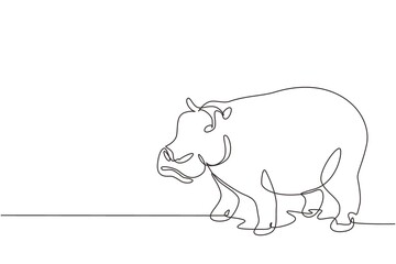 Single continuous line drawing big cute hippopotamus for company logo identity. Huge wild hippo animal mascot concept for national safari zoo. Dynamic one line draw graphic design vector illustration